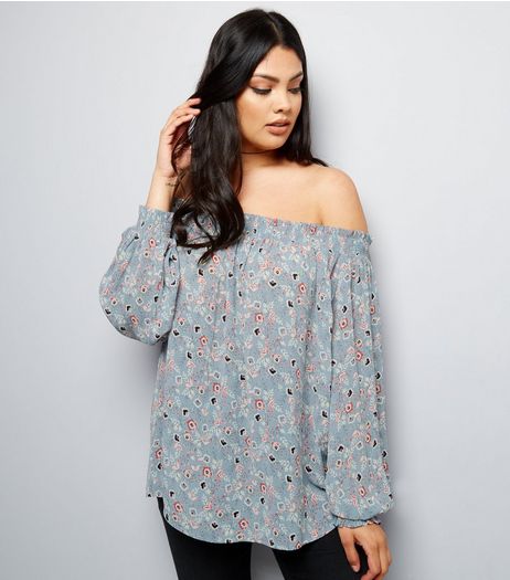 Curves Blue Floral Print Shirred Bardot Neck Top | New Look