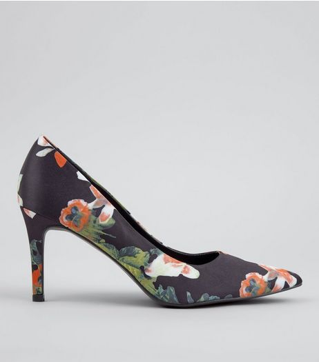Black Floral Print Pointed Court Shoes | New Look