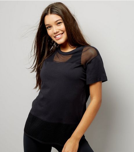 Black Mesh Panel Sports T-Shirt | New Look