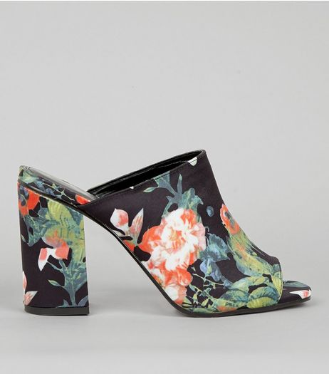 Black Floral Print Heeled Mules | New Look