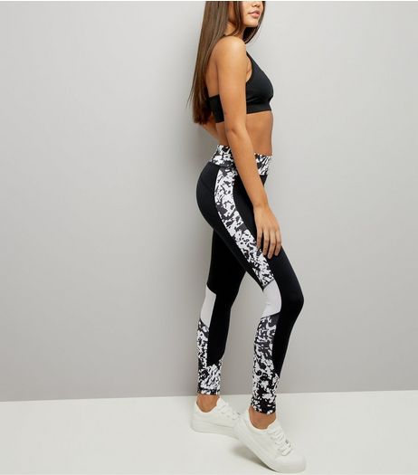 Black Monochrome Print Mesh Panel Sports Leggings | New Look
