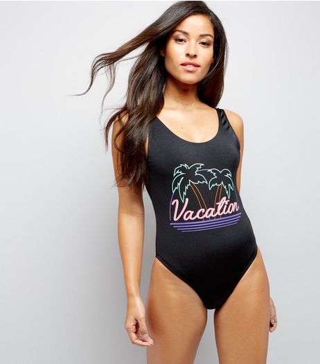 Black Vacation Print Swimsuit | New Look