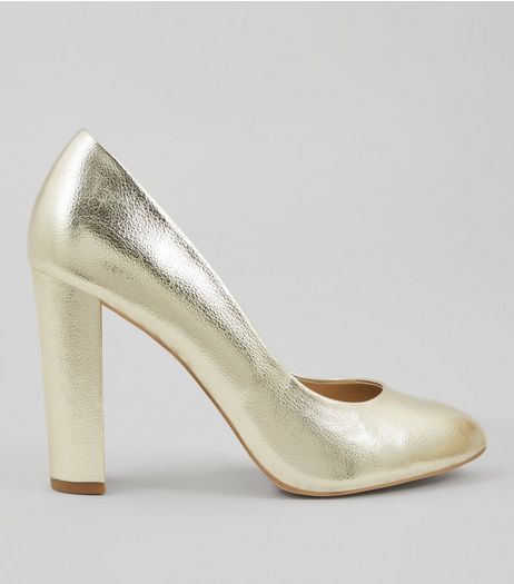 Wide Fit Gold Block Heel Court Shoes | New Look