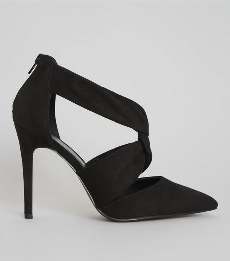 Wide Fit Black Suedette Twist Strap Pointed Heels | New Look