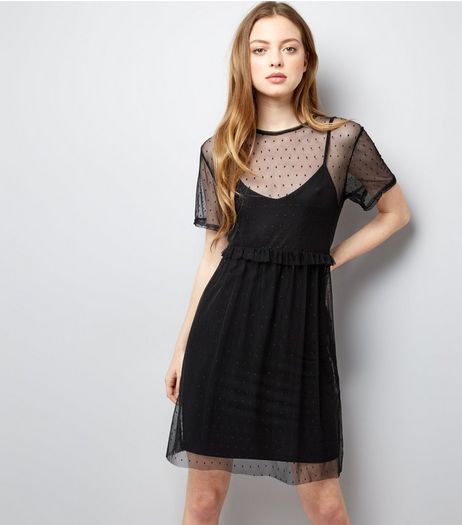 Black Frill Trim Mesh Smock Dress | New Look