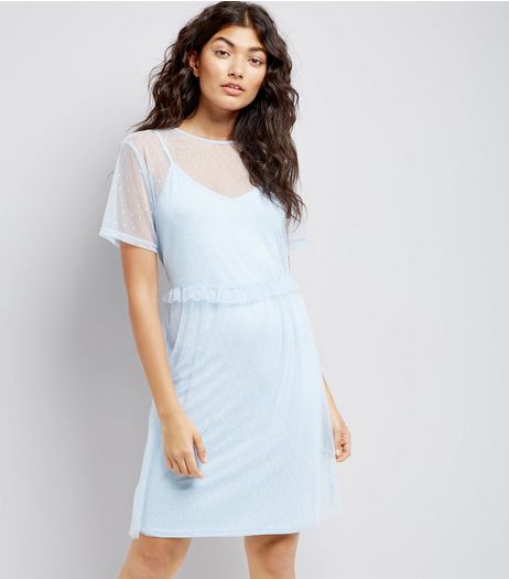 Pale Blue Frill Trim Mesh Smock Dress | New Look
