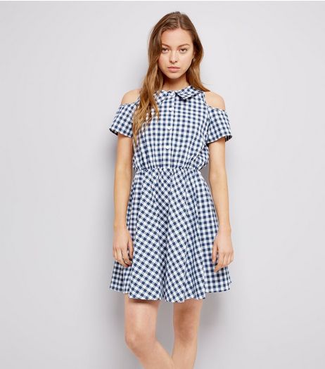 Blue Vanilla Navy Gingham Cold Shoulder Dress | New Look