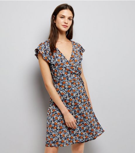 Blue Vanilla Navy Floral Print Wrap Front Dress | New Look