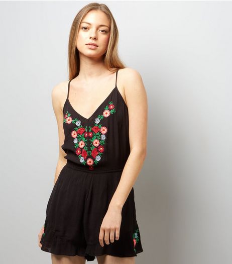 Black Floral Embroidered Playsuit | New Look