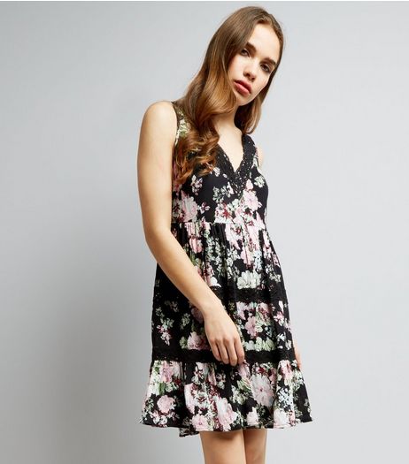Black Floral Print Crochet Trim Dress | New Look