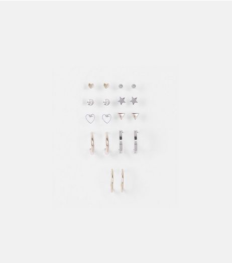 9 Pack Gold and Silver Heart and Hoop Stud Earrings | New Look