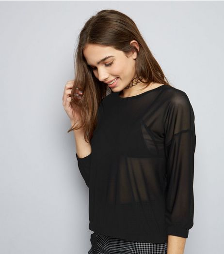 Black Mesh Drawstring Hem Top | New Look