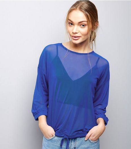 Blue Mesh Drawstring Hem Top | New Look