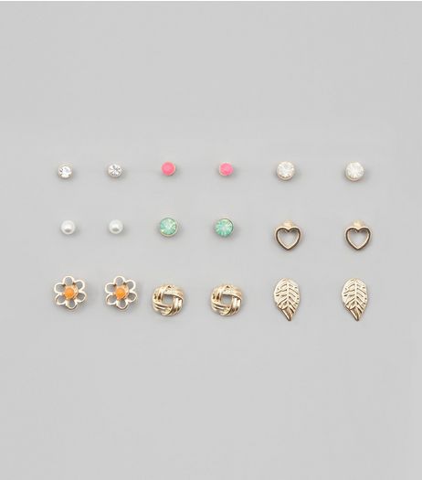 9 Pack Gold Neon Stud Earrings | New Look