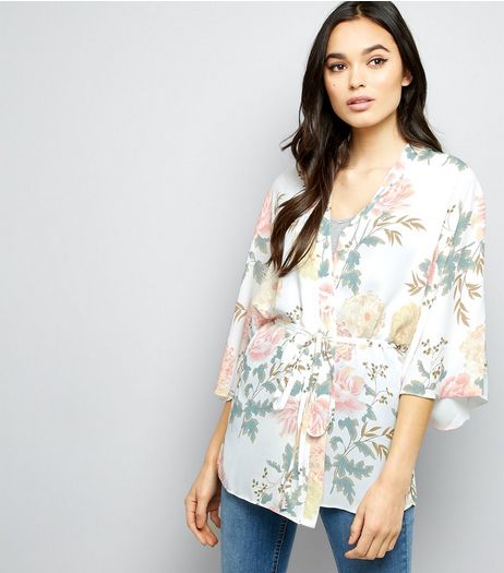 Tall White Floral Belted Kimono | New Look