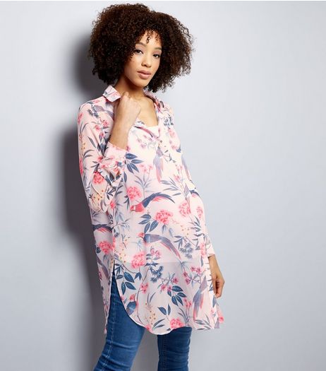 Maternity Lilac Floral Chiffon Longline Shirt | New Look