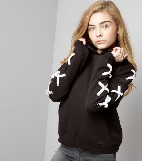 Teens Black Eyelet Lace Up Sleeve Hoodie | New Look