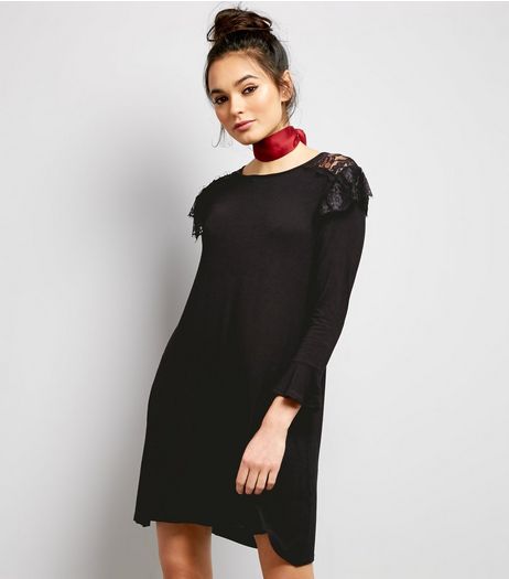 QED Black Frill Trim Swing Dress | New Look