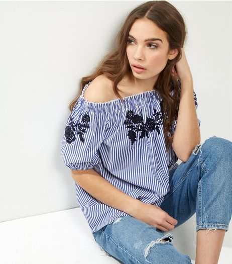 Parisian Blue Stripe Floral Embroidered Bardot Neck Top | New Look