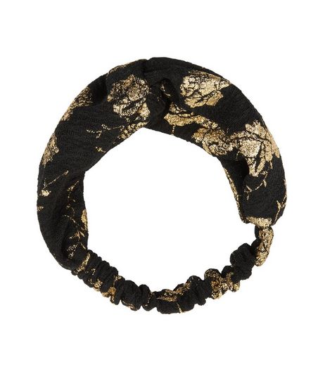 Black Metallic Floral Twist Front Headband | New Look