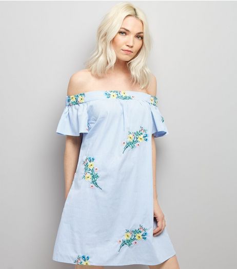 Petite Blue Stripe Floral Embroidered Bardot Neck Dress | New Look