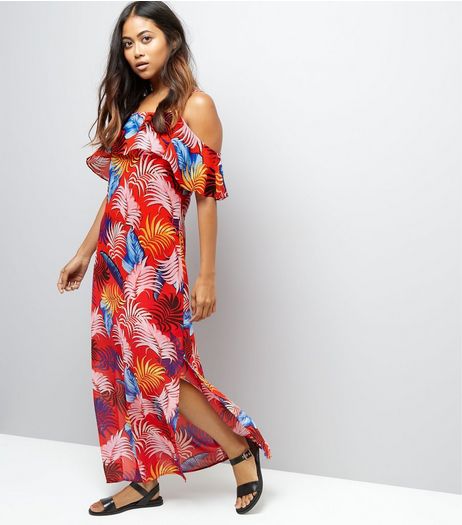 Petite Red Tropical Leaf Chiffon Maxi Dress | New Look