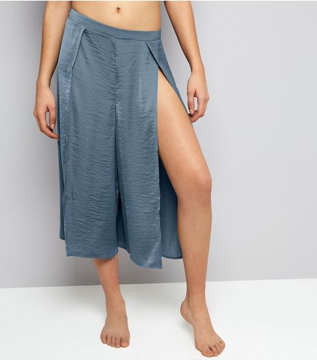 Blue Textured Satin Split Front Pyjama Trousers | New Look