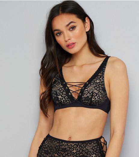Black Floral Lace Lattice Front Plunge Bralet | New Look