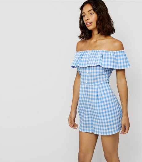 Petite Blue Gingham Bardot Neck Playsuit | New Look