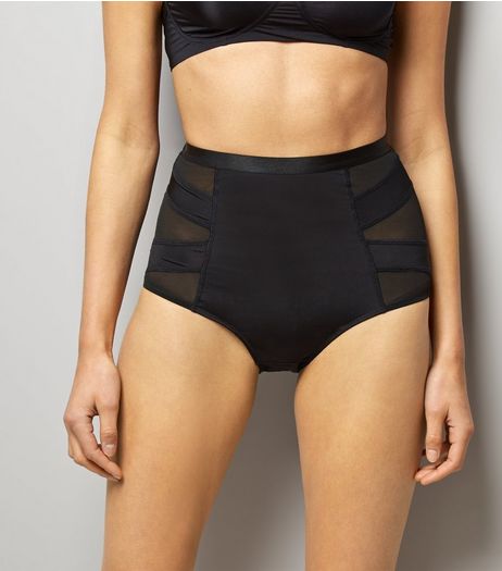 Black Mesh Panel High Waist Shaping Briefs | New Look