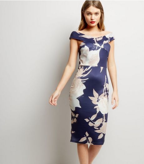 AX Paris Blue Floral Print Cross Strap Front Bodycon Dress | New Look
