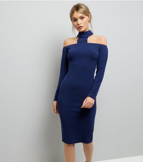 AX Paris Blue Choker Neck Long Sleeve Midi Dress | New Look