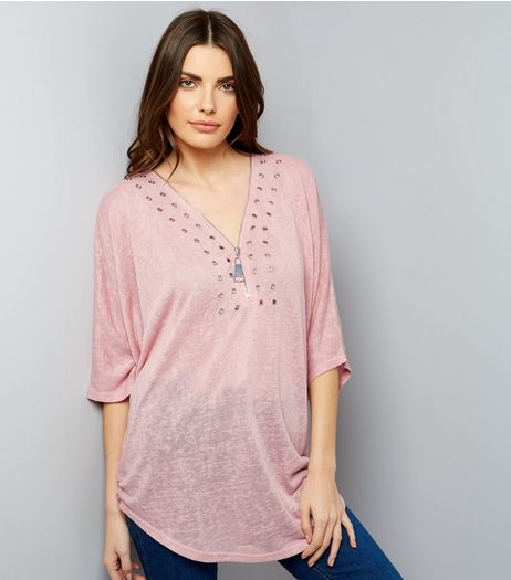 QED Mid Pink Eyelet Trim 3/4 Sleeve Top | New Look