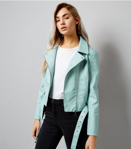 Petite Mint Green Leather-Look Biker Jacket | New Look