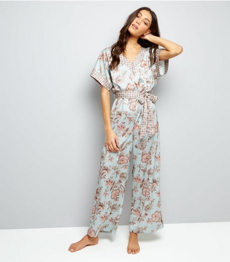 Mint Green Contrast Floral Satin Lounge Jumpsuit | New Look