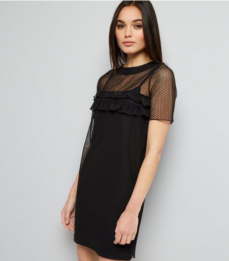 Innocence Black Mesh Spot Print Dress | New Look