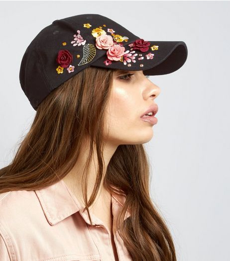 Black Floral Embroidered 3D Cap | New Look