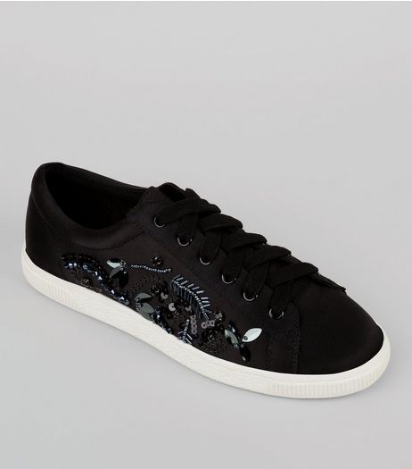 Black Satin Sequin Embellished Trainers | New Look
