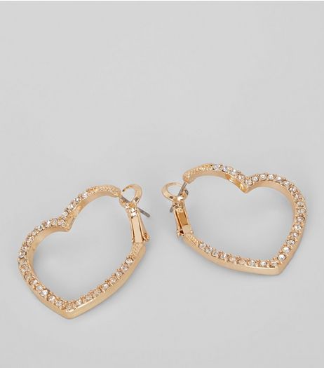 Gold Diamante Heart Hoop Earrings | New Look