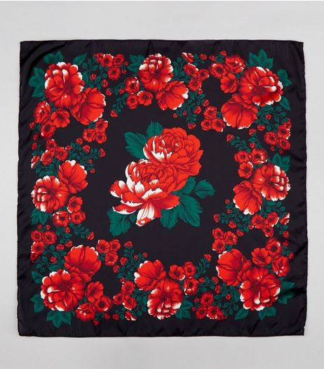 Black Rose Print Satin Bandana | New Look
