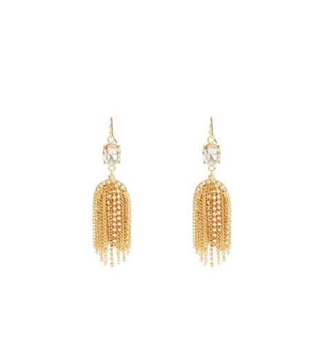 Gold Crystal Waterfall Tassel Drop Earrings | New Look