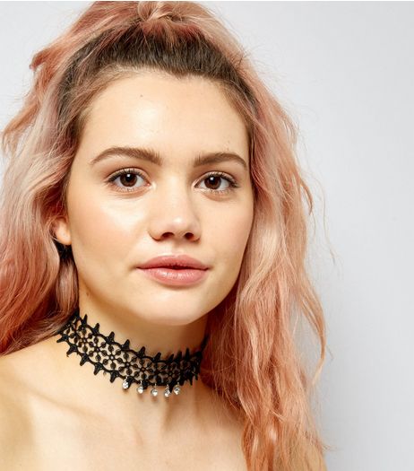 Black Lace Crystal Drop Choker | New Look