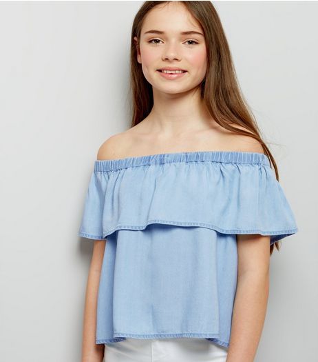 Teens Pale Blue Denim Frill Trim Bardot Neck Top | New Look