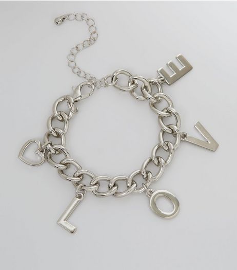 Silver Chunky Chain LOVE Charm Bracelet | New Look