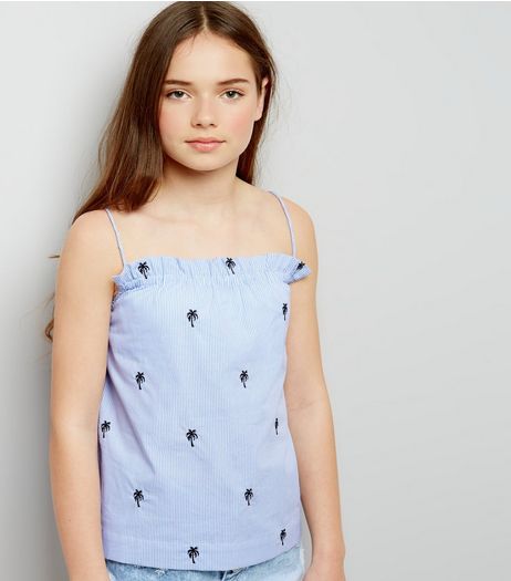 Teens Blue Stripe Palm Tree Embroidered Cami | New Look
