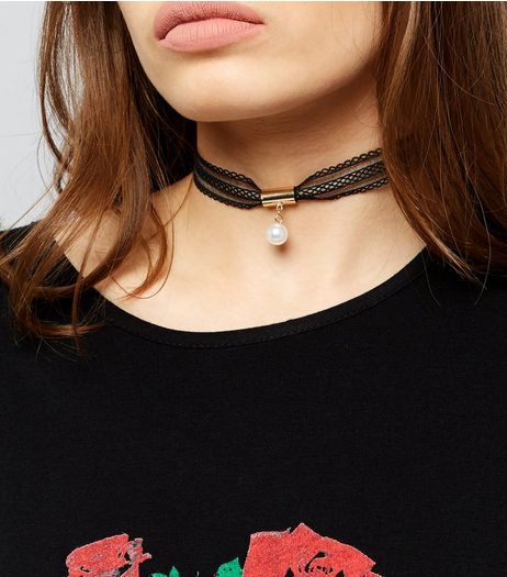 Black Mesh Pearl Drop Choker | New Look