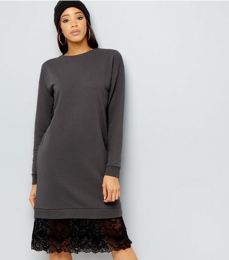 Dark Grey Lace Hem Longline Sweater | New Look