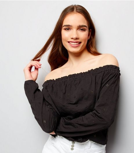 Black Cut Out Broderie Trim Bardot Neck Top | New Look