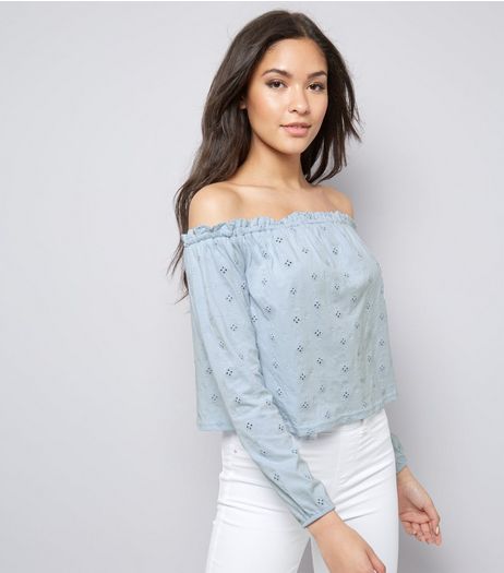 Blue Cut Out Broderie Trim Bardot Neck Top | New Look