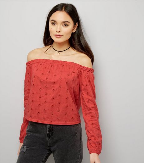 Orange Cut Out Broderie Trim Bardot Neck Top | New Look